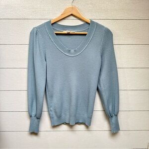LOFT Baby Blue Puff Sleeve V-Neck Ribbed Knit Sweater Pastel Soft XS